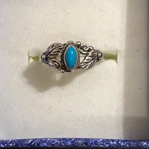 Blue turquoise decorative leaves silver ring